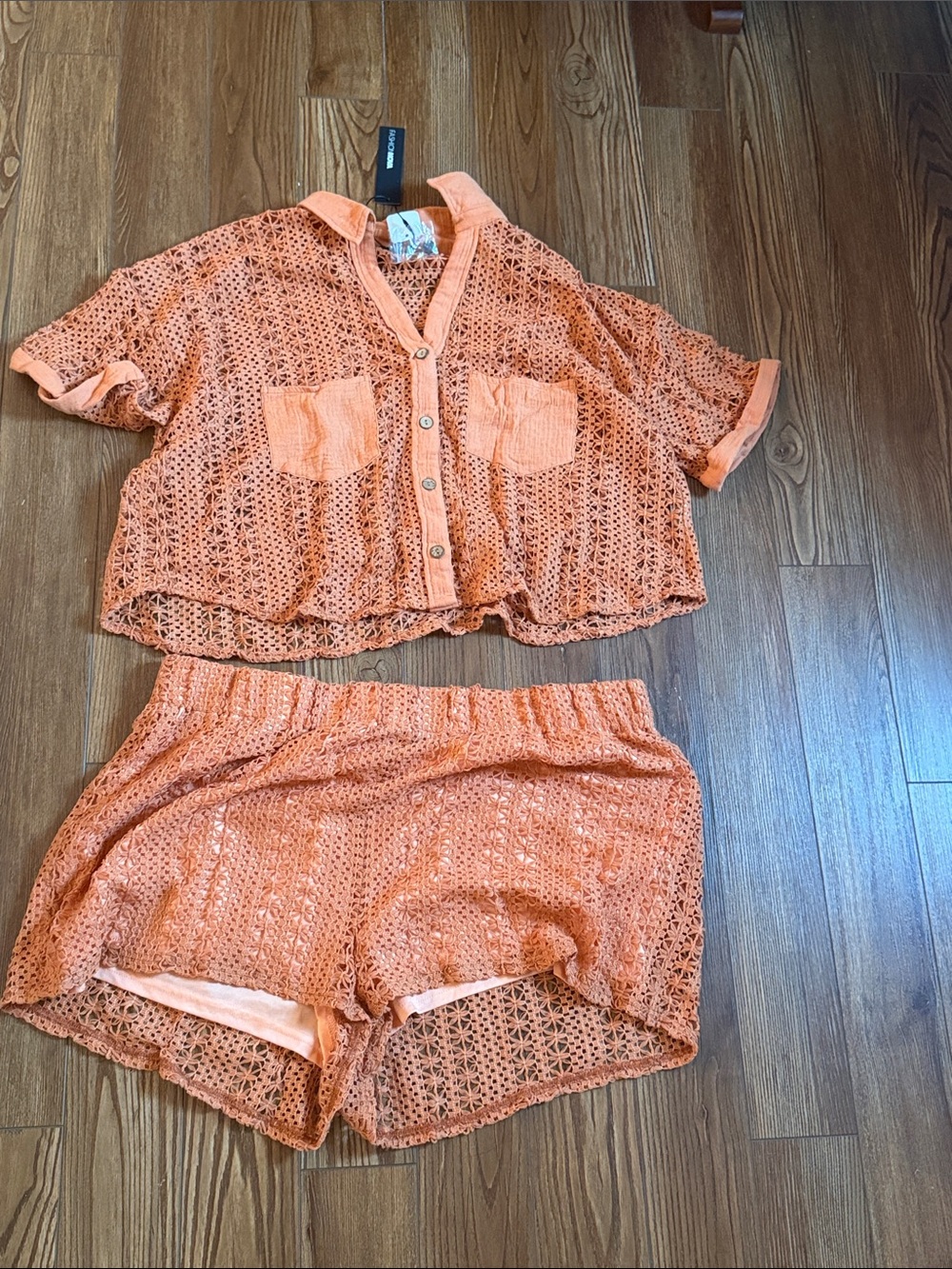Peach Crochet Two-Piece Set - Button Front Top & Shorts